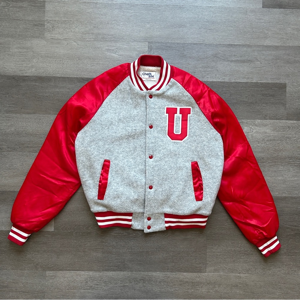 Vintage 1980’s • Chalkline • Utah Utes • Grey Fleece/Red Satin Jacket - Sz L